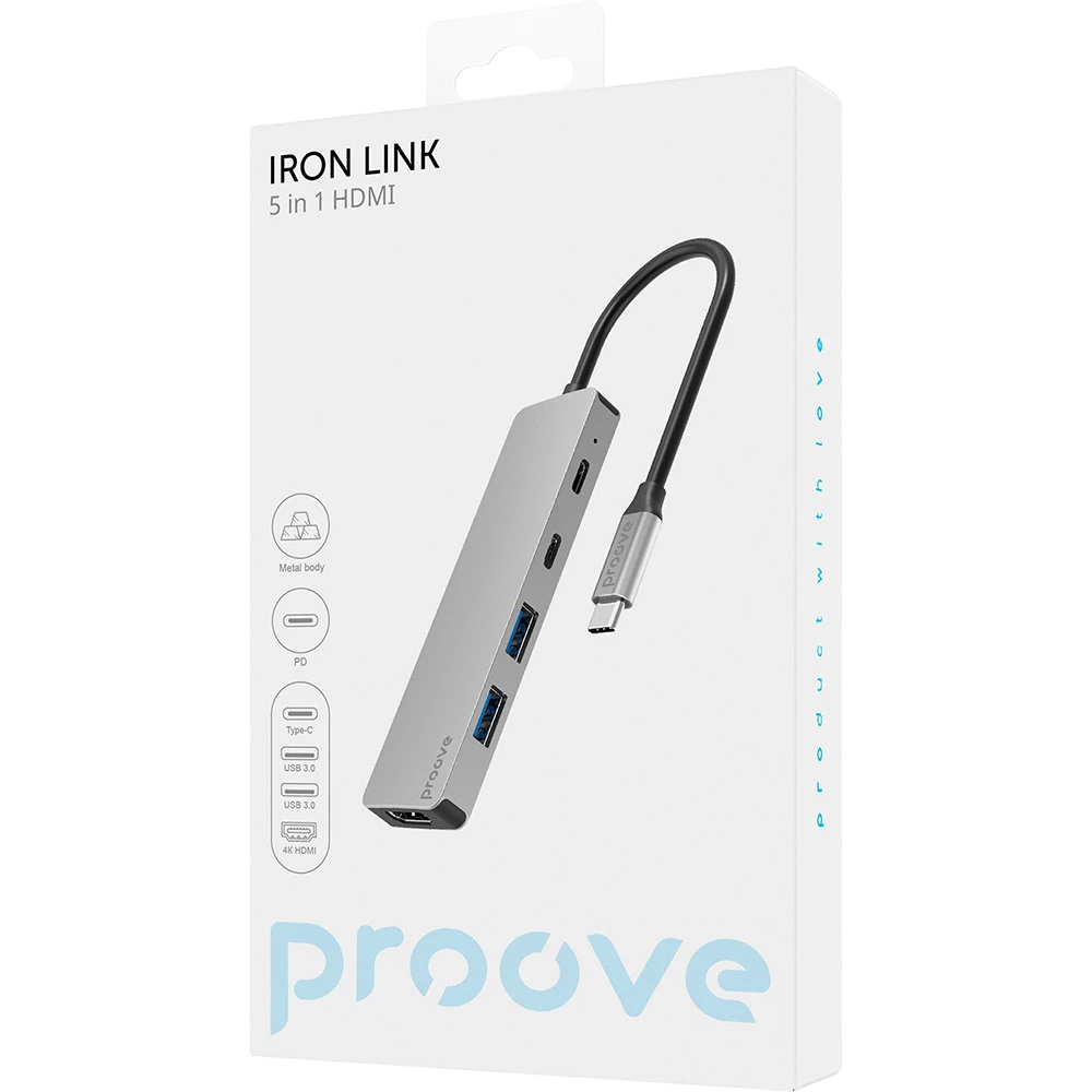 Type-C-Хаб Proove Iron Link 5 in 1 (2*Type-C + 2*USB3.0 + HDMI) Silver